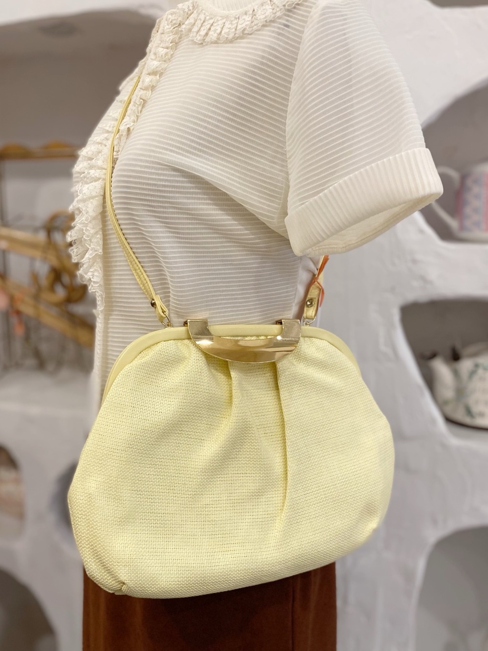 Vintage Butter Yellow Woven Textured Structured Shoulder Bag or Clutch